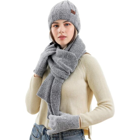 Women's Grey Warm Knit Beanie Hat Touchscreen Gloves Long Neck Scarf Set - Picture 7 of 7